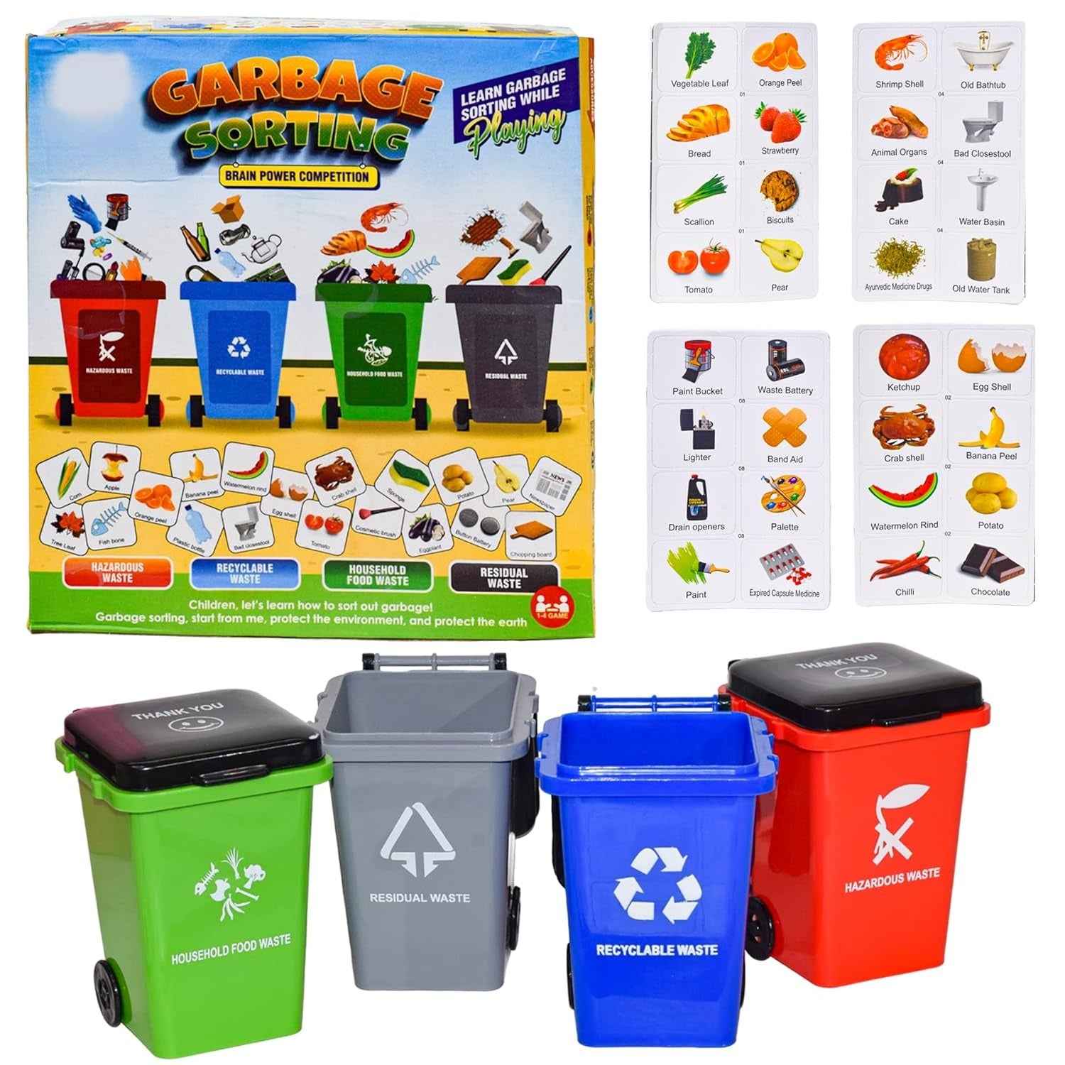 Garbage Sorting Game for Kids – Educational Recycling & Waste Management Toy with 4 Bins & Cards